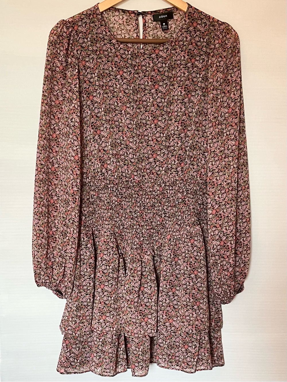 Aqua Pink and Brown Floral Long-Sleeve Mini Dress